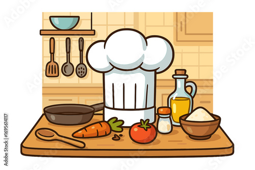 Vector cartoon illustration of a kitchen counter with a chef hat, cooking utensils, and fresh ingredients. Culinary concept for gastronomy, food preparation, restaurant menu, recipe.