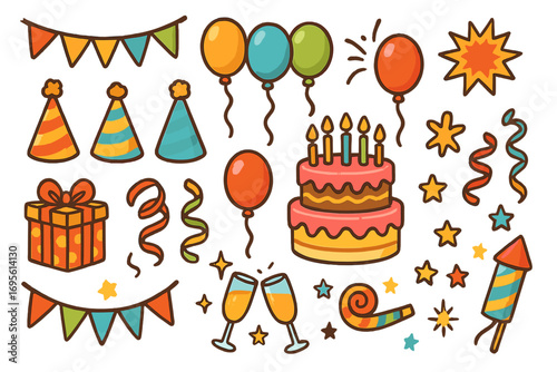 Cartoon party icon set. Vector collection of birthday elements. Festive decoration with cake, gift, balloon, confetti, hat. For celebration, anniversary, carnival design.