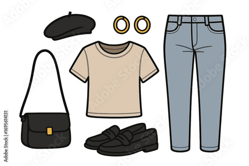 Casual fashion outfit flat lay with beret, t-shirt, jeans, loafers, and bag. Women's clothing and accessories set for style inspiration. Vector cartoon illustration concept.
