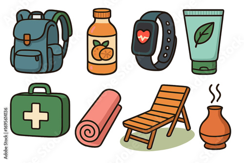 Health and wellness icon set for outdoor activities and home relaxation. Vector cartoon essentials for hiking, fitness, and self-care. First aid, yoga, and aromatherapy items.