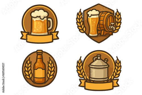 Beer logo set vector collection. Craft beer emblems for brewery or pub. Cartoon icons with mug, glass, barrel, bottle and keg. Ale and lager beverage signs with wheat.