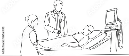 Continuous line art of doctor and nurse attending patient in hospital bed, medical care, healthcare teamwork, modern minimalist illustration, hospital scene, health monitoring