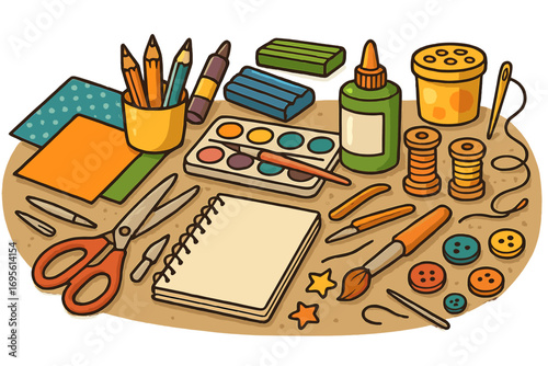 Craft supplies for creative projects vector illustration. Art tools on a table for DIY hobbies and handmade work. Back to school concept with stationery, paint, and paper.