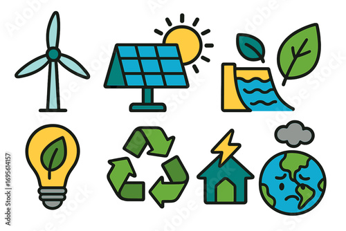 Renewable energy sources and environment icon set. Vector symbols for green power, solar, wind, recycling. Ecology, climate change, and pollution cartoon illustration.