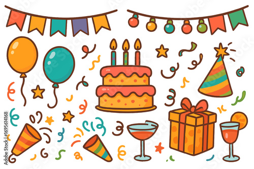 Birthday party vector elements set. Cartoon collection of celebration icons with cake, gift, balloons, confetti, and party hat for festive happy design. Isolated illustration.