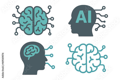 Artificial Intelligence icon set. AI concept with brain and circuit board. Technology, machine learning, neural network. Head silhouette. Vector illustration for data science.