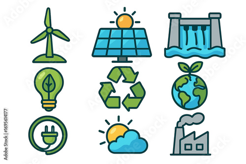 Renewable energy icon set. Green power sources, ecology and environment concept. Vector collection of solar panel, wind turbine, hydro dam, recycle symbol, earth. Eco-friendly.