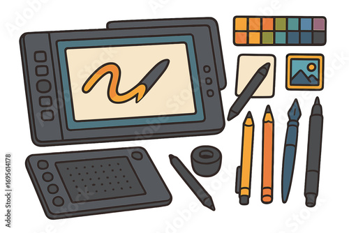 Digital artist tools for graphic design. Creative drawing equipment set with tablet, stylus, and pen. Vector cartoon illustration for designer workplace. Flat art supplies.