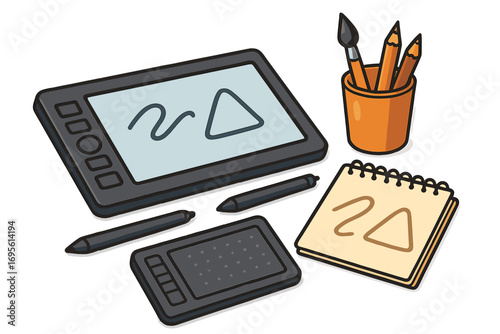 Creative tools for digital artist and designer. Graphic drawing tablet with stylus pen, sketchbook, and pencils. Vector cartoon illustration of a creative art workspace.
