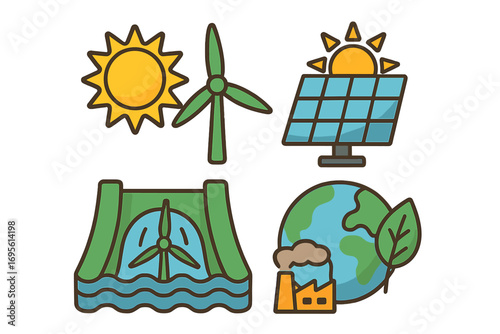 Renewable energy icons. Green power. Solar, wind, water. Sun, panel, turbine, dam. Ecology concept. Environment. Pollution. Climate change. Sustainable. Eco. Vector illustration.