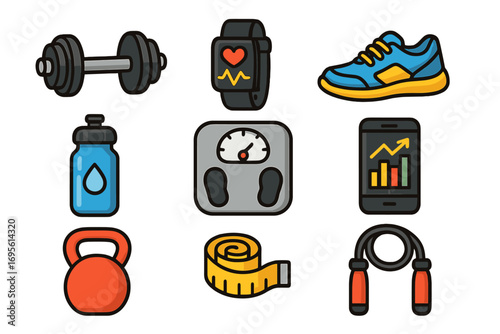 Fitness, sport, and health icons. Workout gear, gym equipment, and tracking technology. Concepts for active lifestyle, weight loss, exercise, cardio, and strength training.