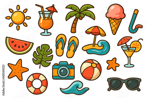 Summer beach vacation icon set. Tropical holiday elements collection. Cute cartoon vector illustration of sun, palm tree, cocktail, ice cream, camera and watermelon.
