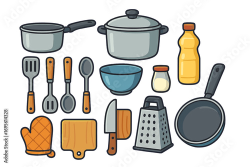 Set of kitchen utensils and cookware for cooking. Vector cartoon icons. Pan, pot, knife, grater, cutting board, spatula and spoon for meal preparation. Home cooking elements.