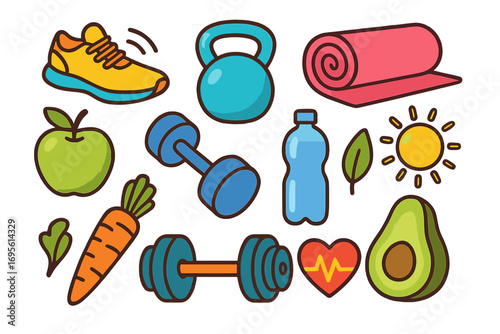 Healthy lifestyle and fitness icon set. Vector cartoon symbols for wellness and sport. Dumbbell, kettlebell, running shoe, yoga mat, healthy food, and water bottle icons.