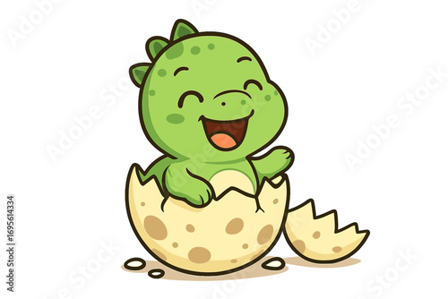 Cute dinosaur hatching from egg. Vector cartoon illustration of a happy baby dino. Adorable prehistoric animal character born. Joyful reptile mascot with a big smile.
