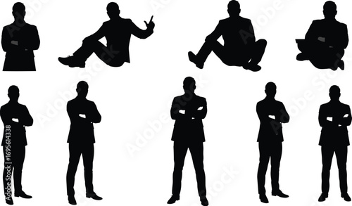 Businessman silhouette collection, professional poses, confident posture, office attire, sitting and standing man, business concept, leadership, success