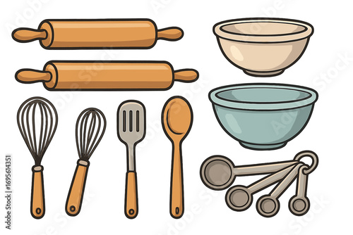 Vector cartoon set of kitchen tools for baking. Cooking equipment collection with rolling pin, bowl, whisk, spatula, and measuring spoons. Culinary and gastronomy icons.