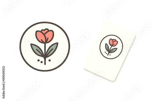 Elegant floral logo with business card mockup. Minimalist flower badge icon for branding. Vector nature symbol for beauty, spa, florist, or organic company identity set.