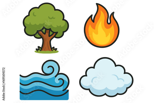 Four elements of nature icon set. Earth, air, fire, and water symbols. Cartoon vector illustration for ecology, environment, and outdoor themes. Tree, cloud, flame, wave icons.