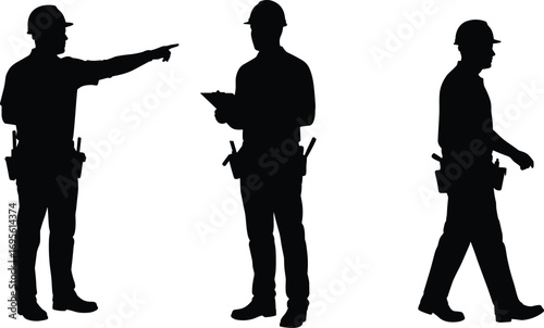 Construction worker silhouette set with hard hat, pointing direction, holding clipboard, walking pose, builder outline, engineer inspector design, vector