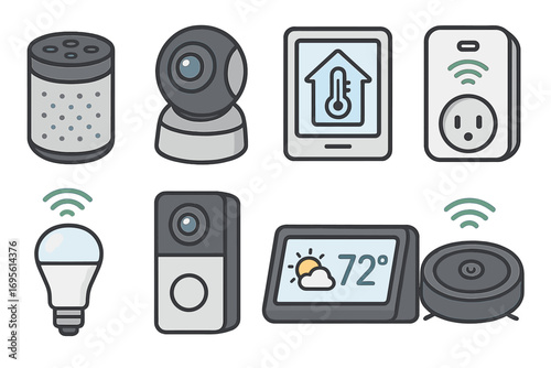 Smart home technology vector icon set. Internet of Things (IoT) automation system. Devices include speaker, security camera, thermostat, plug, lightbulb, doorbell, robot vacuum.
