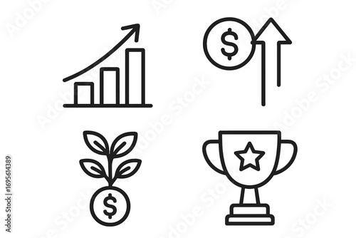 Business growth and success icon set. Vector outline illustration. Financial profit, investment return, award trophy, and data chart symbols. Minimalist design elements.