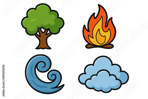 Four elements of nature icon set. Earth, air, fire, water symbols. Vector cartoon illustration of a tree, cloud, flame, and wave for environmental or fantasy designs.