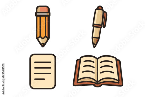 Writing tools and reading icon set. School and office supplies vector illustration. Pencil, pen, open book, and paper document symbols for education, knowledge, and learning concepts.