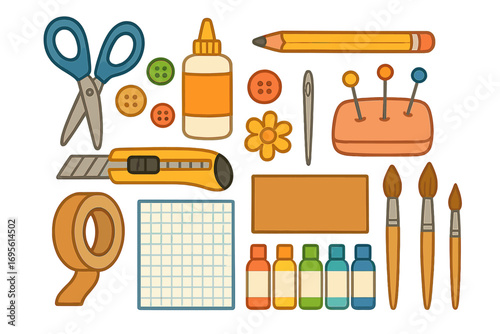 Vector set of crafting tools and art supplies for creative projects. Flat cartoon illustration with scissors, glue, paint, brushes, pencil, and a sewing kit for DIY hobbies.