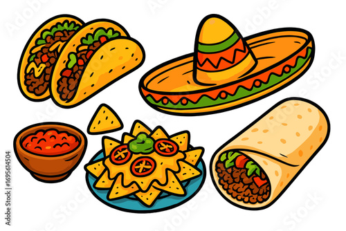 Set of Mexican food cartoon icons. Tacos, burrito, nachos with guacamole, salsa sauce and sombrero. Traditional Mexico cuisine for restaurant menu, fast food or fiesta design.