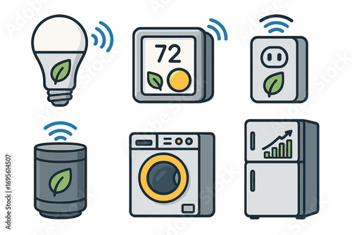 Smart home icon set. Energy efficiency, eco friendly home automation. Connected iot devices. Green energy vector illustration. Lightbulb, thermostat, plug, appliance.