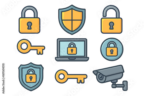 Cybersecurity icon set for digital safety and data protection. Vector symbols of lock, key, shield, and camera for computer privacy, web access, and system security concepts.