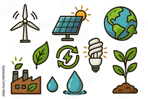 Vector icon set of renewable energy and sustainability. Green power concepts. Eco friendly cartoon symbols collection. Ecology, environment, conservation illustration.