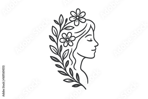 Elegant woman face profile with flowers and leaves in hair. Hand drawn botanical line art logo for beauty, spa, salon, natural cosmetics. Feminine, organic, wellness vector.