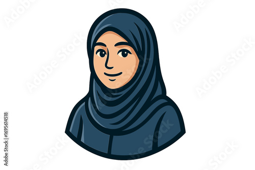Islamic woman in hijab logo design. Vector cartoon illustration of a muslim girl head. Female avatar. Middle Eastern character for business. Ramadan concept. Arab beauty.