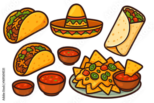 Set of Mexican food cartoon icons. Tacos, burrito, nachos with cheese and salsa. Sombrero hat. Traditional Mexico cuisine for restaurant menu, fast food, or Cinco de Mayo.