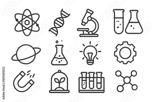 Science icon set. Scientific symbols collection. Research, education, lab experiment. Biology, chemistry, physics concepts. Atom, dna, microscope, flask, molecule line icons.