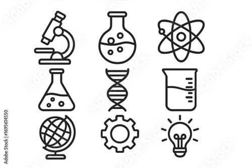 Science and education line icon set. Chemistry, biology, physics symbols. Laboratory research, experiment and discovery concept. Vector illustration of scientific icons.