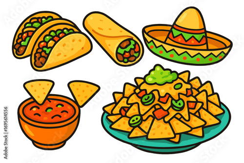 Mexican food set. Tacos, burrito, nachos, salsa, sombrero. Cartoon vector illustration. Fast food icon collection. Traditional Mexico cuisine for menu, restaurant, party.