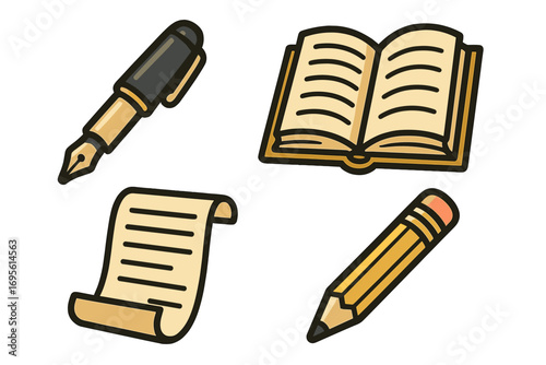 Writing and reading icon set. Fountain pen, pencil, open book, paper scroll. Education, literature, storytelling concept. Classic cartoon vector for school, study, library.