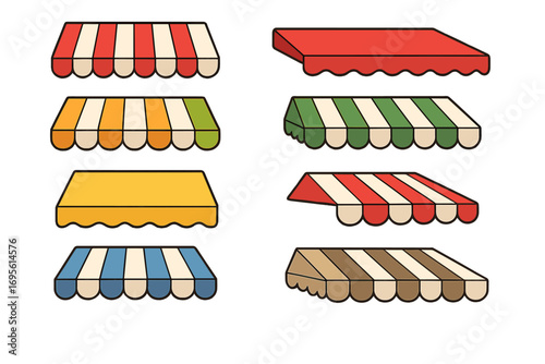 Collection of various colorful striped awnings. Vector set of different canopy styles for shop, store, and restaurant design. Outdoor sunshade for market or cafe facade.