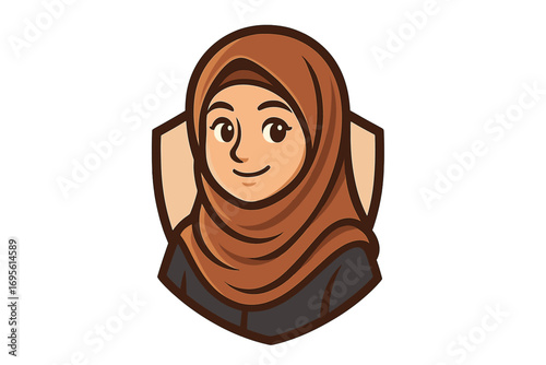 Muslim woman in hijab logo vector. Islamic girl head portrait avatar. Cartoon character illustration for brand identity, modest fashion, community emblem or gaming esports mascot.