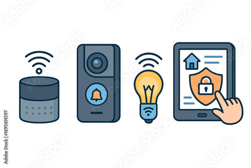 Smart home devices enhancing daily life with connectivity and security. Set of vector icons for house automation system. Internet of Things (IoT) technology for modern living.