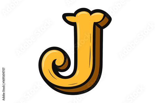 J letter monogram logo design. Vector cartoon illustration for company branding. 3D comic alphabet initial. Yellow typography font for kids. Fun decorative graphic element.