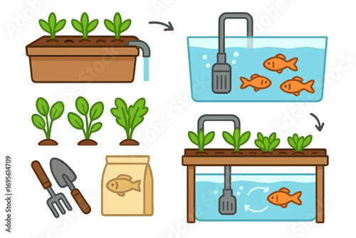 Aquaponics system guide for home gardening. Vector infographic set showing symbiotic relationship of fish and plants. Sustainable urban farming and agriculture concept.