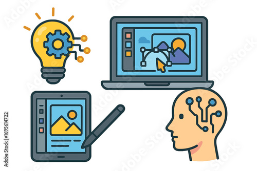 Digital tools for modern creativity and innovation in design, technology and art development. Artificial intelligence concept. Vector icon set with AI head, laptop and tablet.