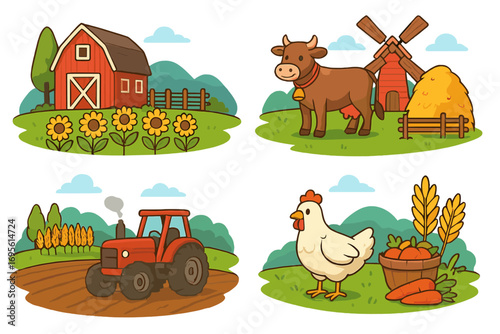 Farm life illustration set. Vector cartoon agriculture concept with barn, tractor, cow, chicken. Rural countryside, harvest, and livestock collection for kids. Cute animal.