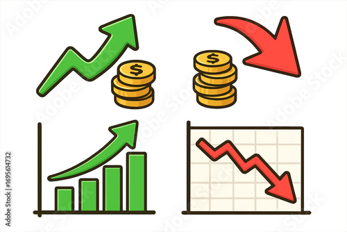 Financial growth and decline icon set. Up and down arrows. Profit and loss concept. Stock market chart. Investment success and failure. Data analysis graph. Money coins.