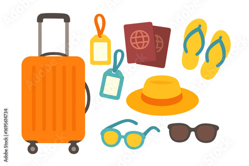 Summer vacation travel essentials collection. Flat vector illustration of suitcase, passport, luggage tag, sun hat, sunglasses and flip flops. Holiday trip and beach concept.