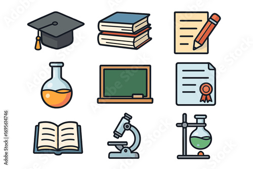 Education and science icon set. Vector cartoon illustration of school and university symbols. Graduation cap, book, microscope, chemistry flask, diploma, and chalkboard.